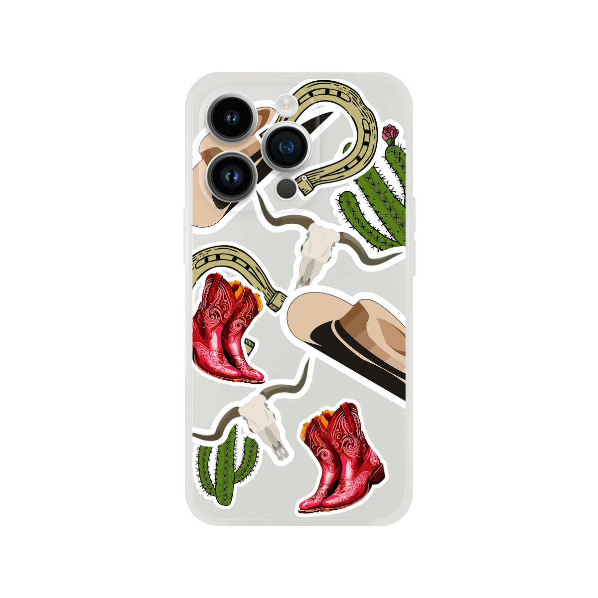 Western iPhone case featuring red cowboy boots, cactus, horseshoe, hat, and longhorn sticker graphics.