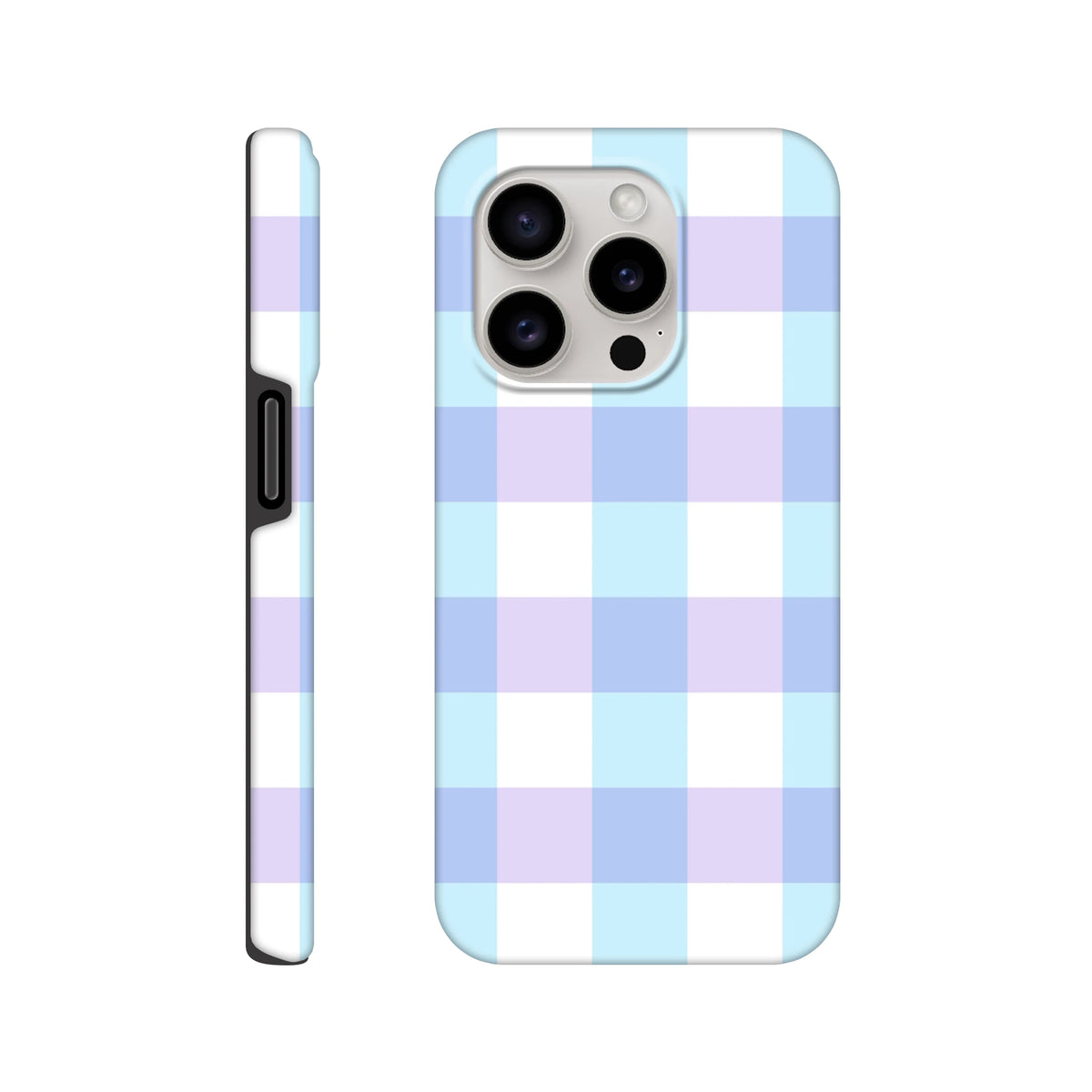Pastel blue and lavender gingham tough iPhone case with cute checkered pattern for shock absorption.