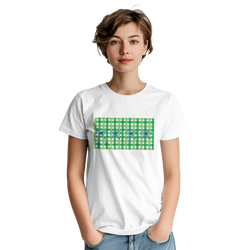 Model wearing a white T-shirt with a green gingham patch and blue bow accents, Coquette aesthetic tee.
