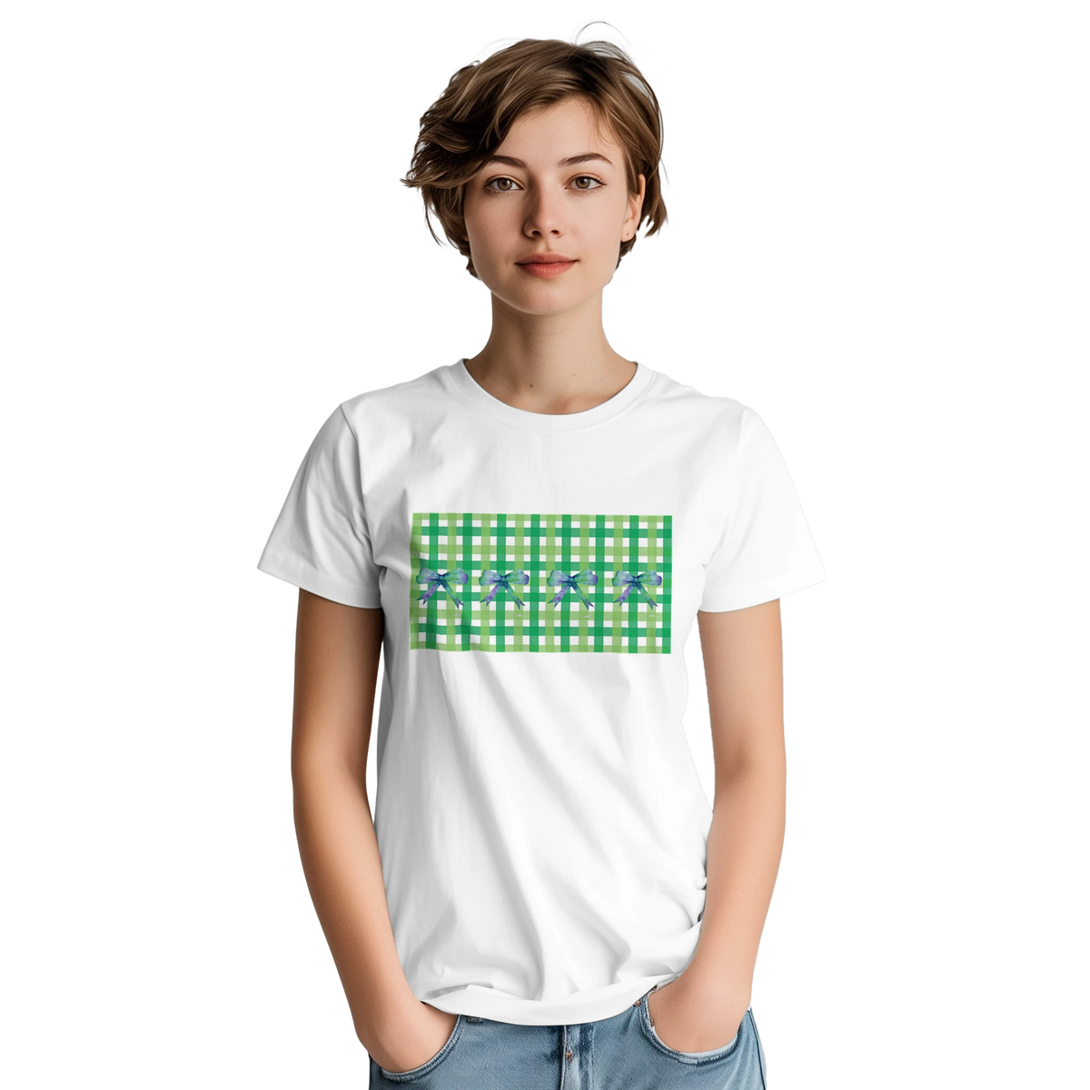 Model wearing a white T-shirt with a green gingham patch and blue bow accents, Coquette aesthetic tee.