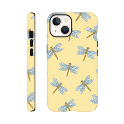 Yellow dragonfly tough iPhone case featuring a cute blue and gold dragonfly pattern on a pale yellow background for drop protection.