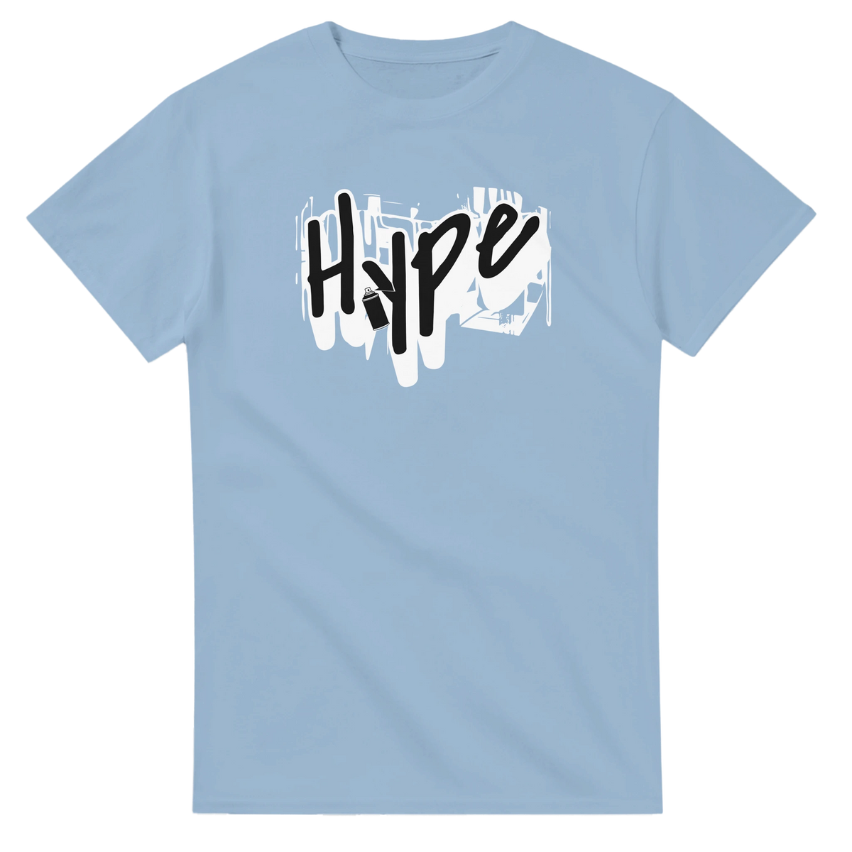 Urban graffiti graphic T-shirt for men on light blue fabric with bold street-art artwork for layered, city-ready looks.