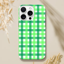 Retro green gingham iPhone case with bold plaid pattern for shockproof protection and vintage style.
