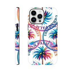 Tough iPhone case featuring vibrant watercolor palm trees and Urban Palm Trees stamp text for tropical streetwear style.