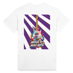 White t-shirt back print featuring colorful splash-art electric guitar, purple stripes, palm trees, and "Made To Make Noise" text.
