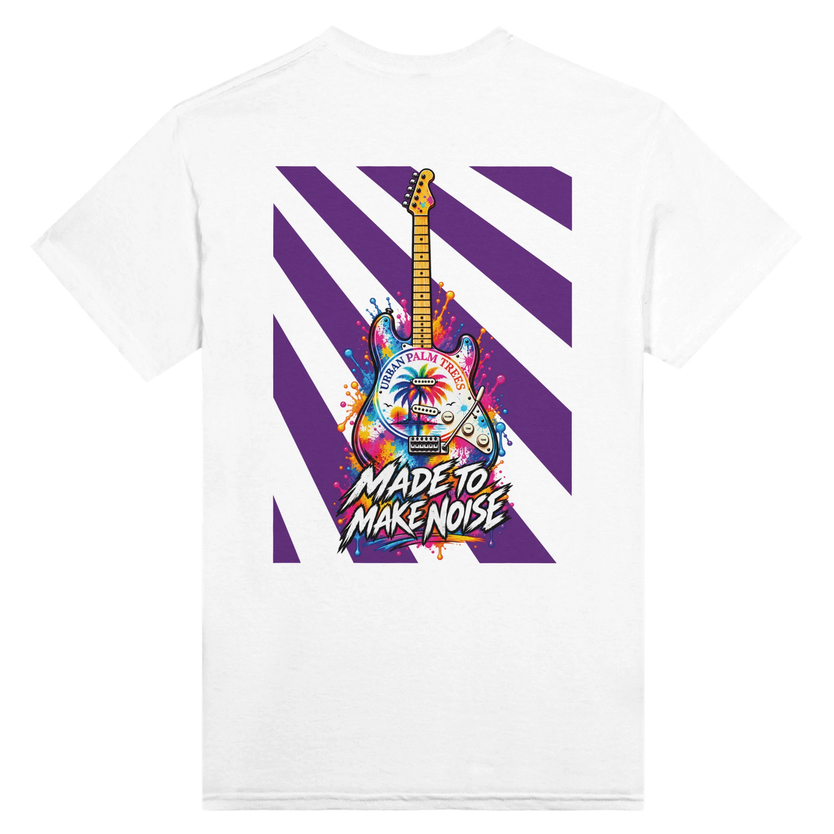 White t-shirt back print featuring colorful splash-art electric guitar, purple stripes, palm trees, and "Made To Make Noise" text.