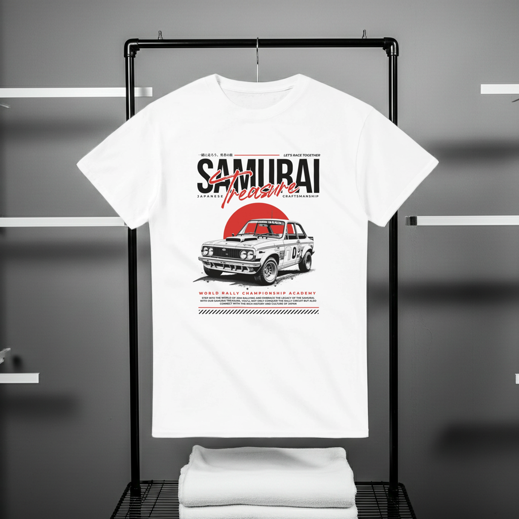 White t-shirt with Samurai Treasure graphic design on a black rack against a gray background
