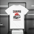 White t-shirt with Samurai Treasure graphic design on a black rack against a gray background
