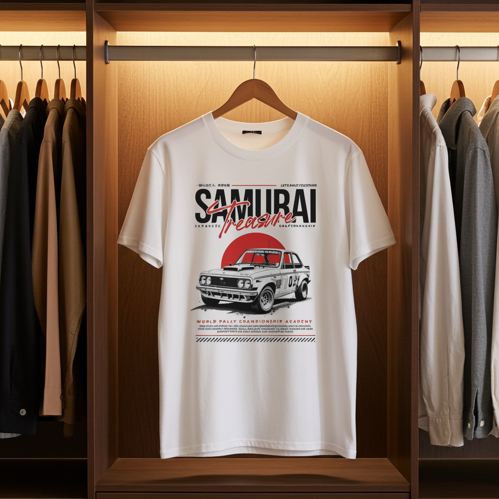 White t-shirt with graphic design on a hanger in a wardrobe.