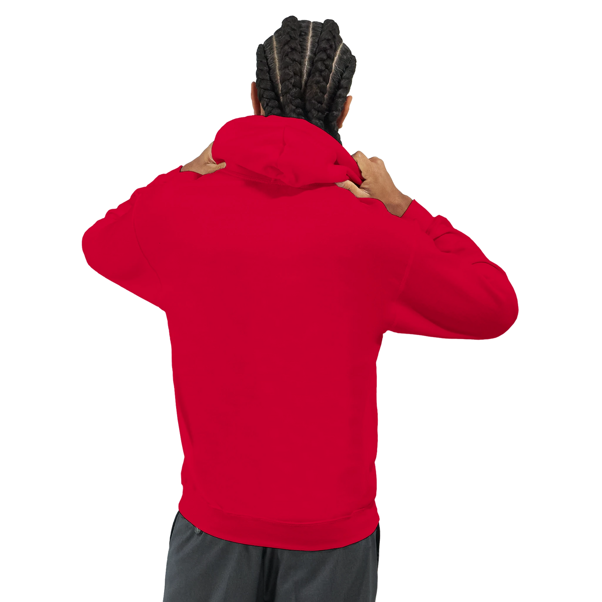 Back view of a person wearing a red Retro Cassette Tape Hoodie for Men with braided hair.