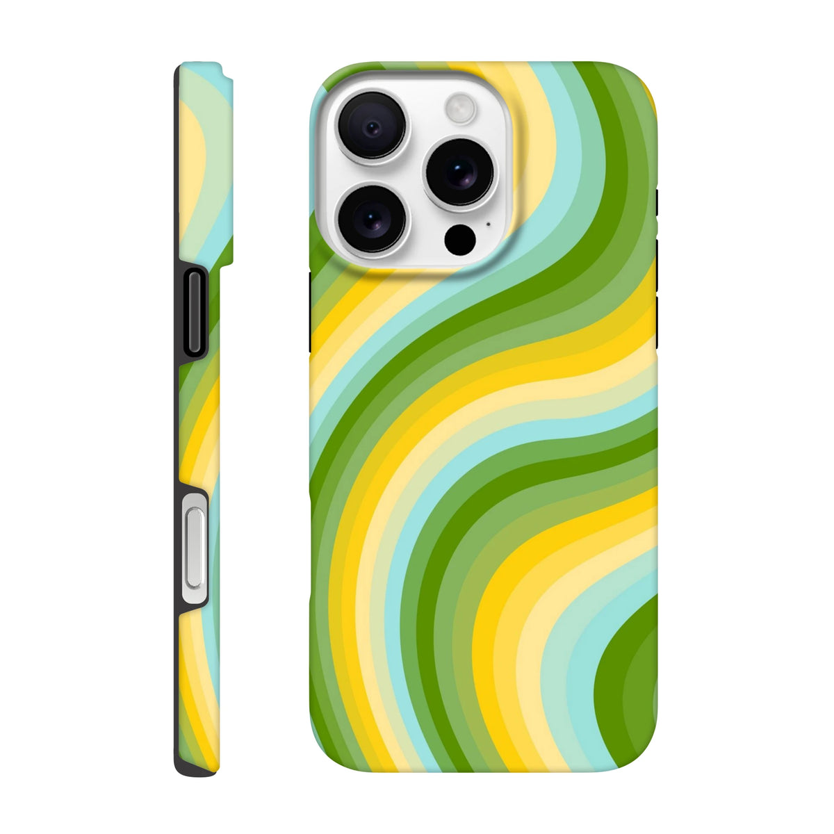 Green and yellow retro wave iPhone case featuring bold Y2K stripes and a tough, wraparound design for streetwear style.