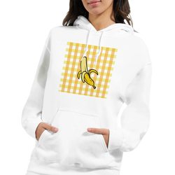 Women's retro banana gingham hoodie with vintage fruit graphic.