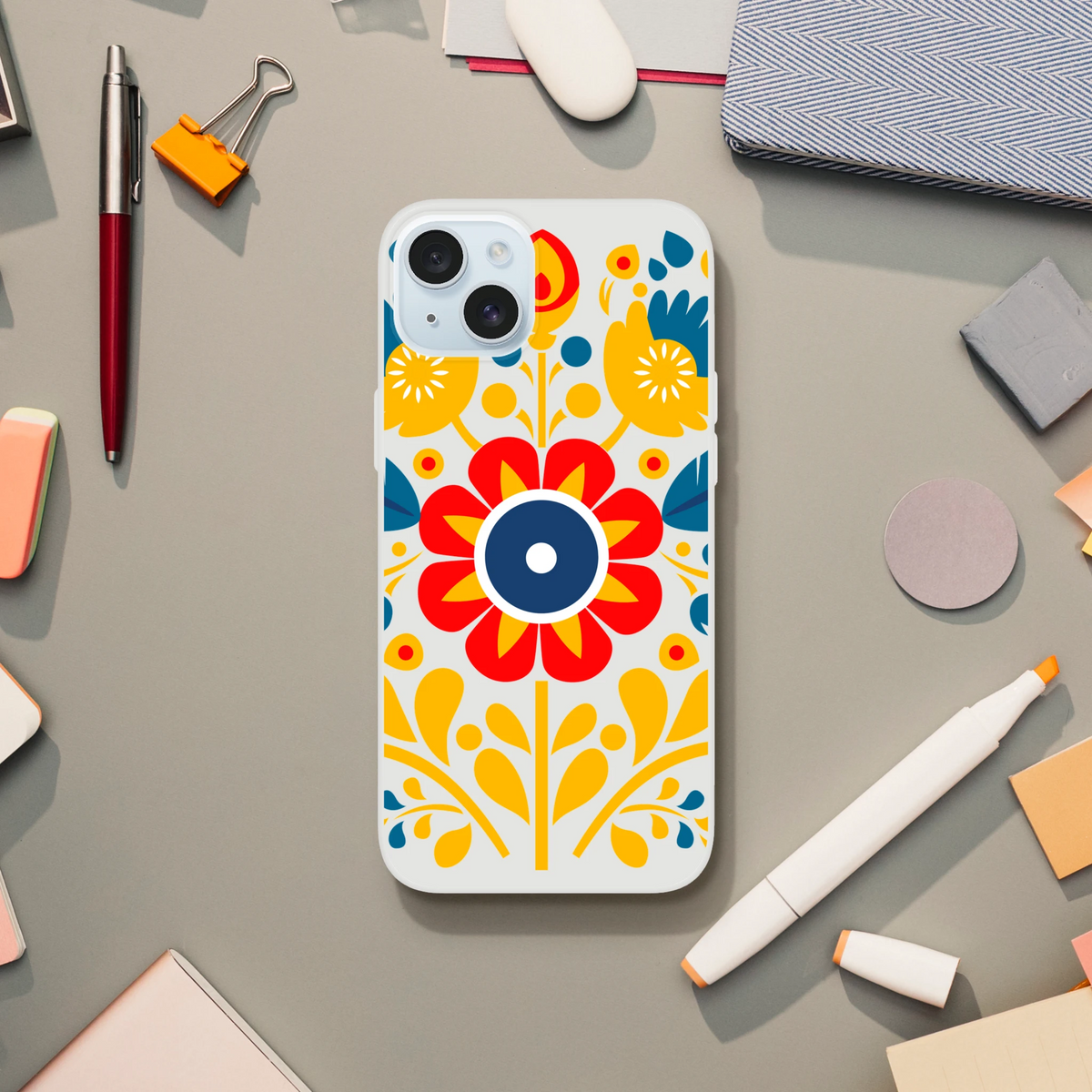 Floral slim protective case for iPhone 13–16 with frosty clear finish and vibrant red-yellow-blue pattern