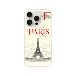Vintage Paris postcard iPhone case (13-16) with Eiffel Tower illustration and retro stamps