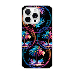Urban Palm Trees iPhone Case (13-16): retro matte finish with palm motifs and colorful circular rings.