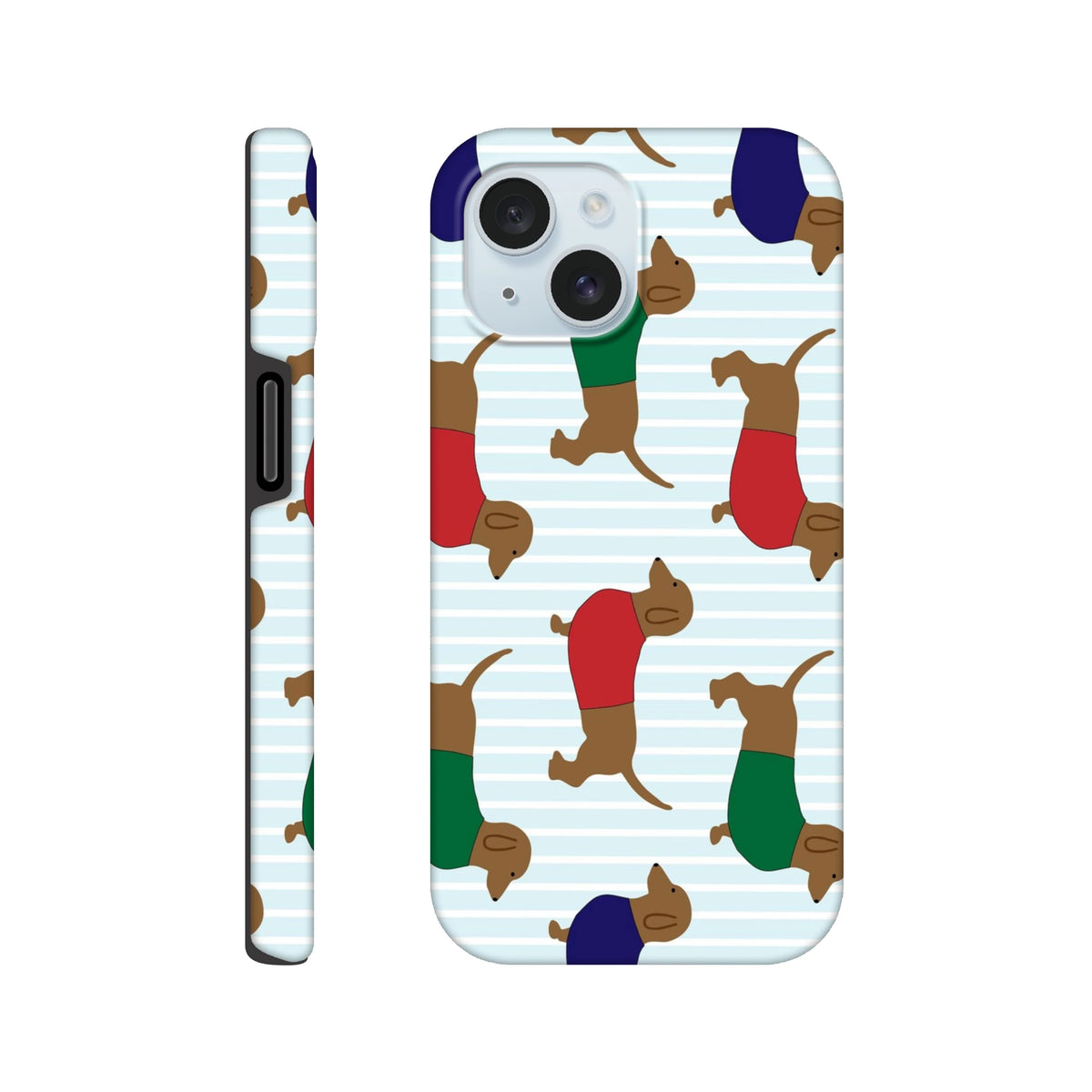 Cute dachshund iPhone case with sausage dogs in red, green, and blue sweaters on a striped background. Tough protection for iPhone 13-16.