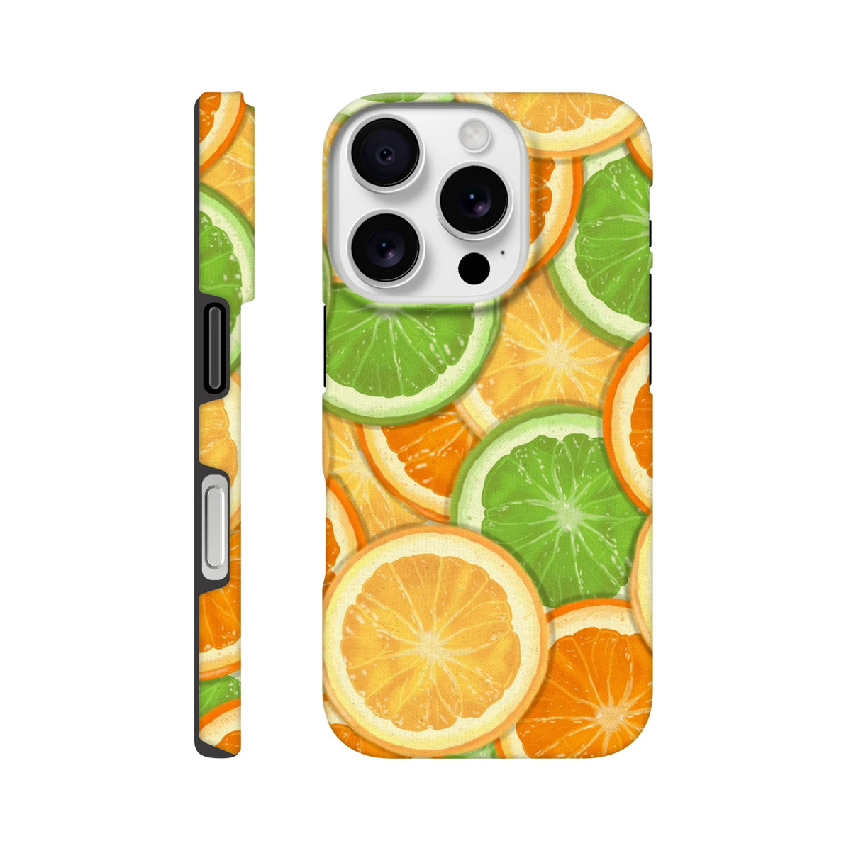 Vibrant orange and lime slice pattern on a tough iPhone cover. Durable citrus fruit phone case with shock-absorbing TPU for daily protection.