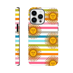Retro sun stripe iPhone case featuring celestial sun faces with colorful horizontal stripes for tough daily protection.