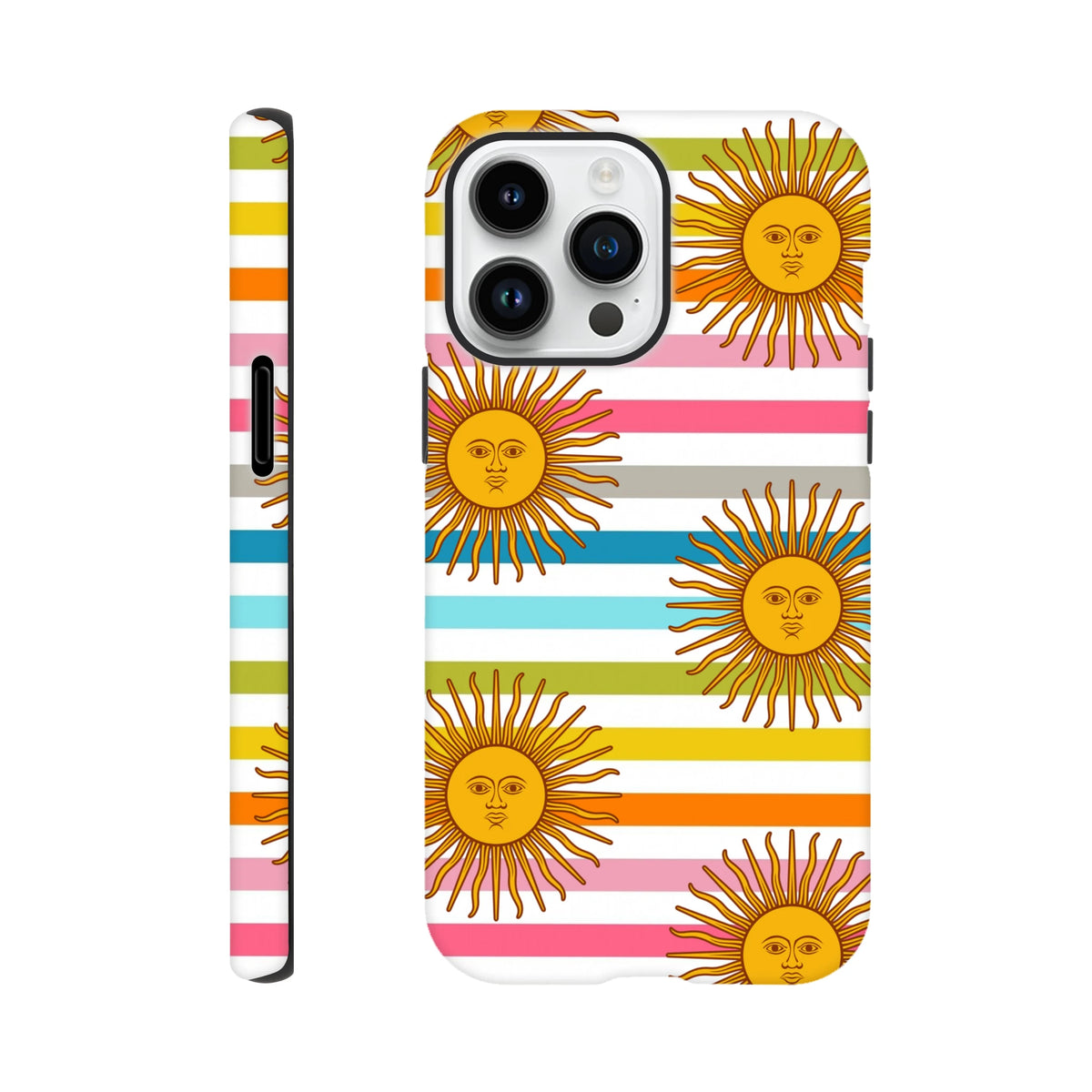 Retro sun stripe iPhone case featuring celestial sun faces with colorful horizontal stripes for tough daily protection.