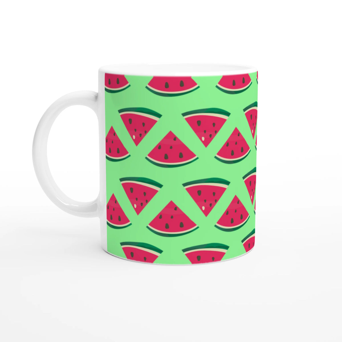 Ceramic coffee mug with cute red watermelon slices on a fresh green background. Perfect summer fruit pattern drinkware for home or office.