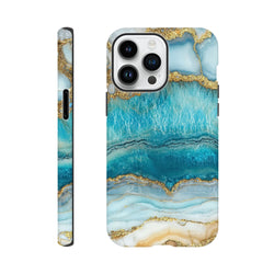 Blue Agate tough iPhone case featuring a striking teal and gold marble layout with protective edges for models 13-16.