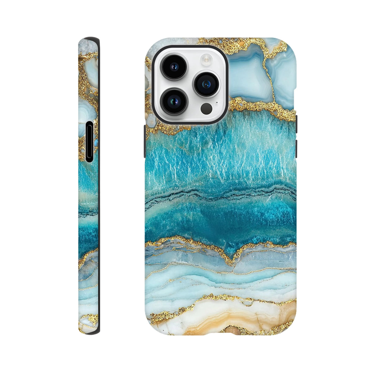 Blue Agate tough iPhone case featuring a striking teal and gold marble layout with protective edges for models 13-16.