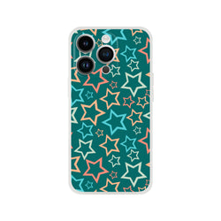 Retro multicolour star iPhone case (13-16) with teal background and Y2K aesthetic star print.