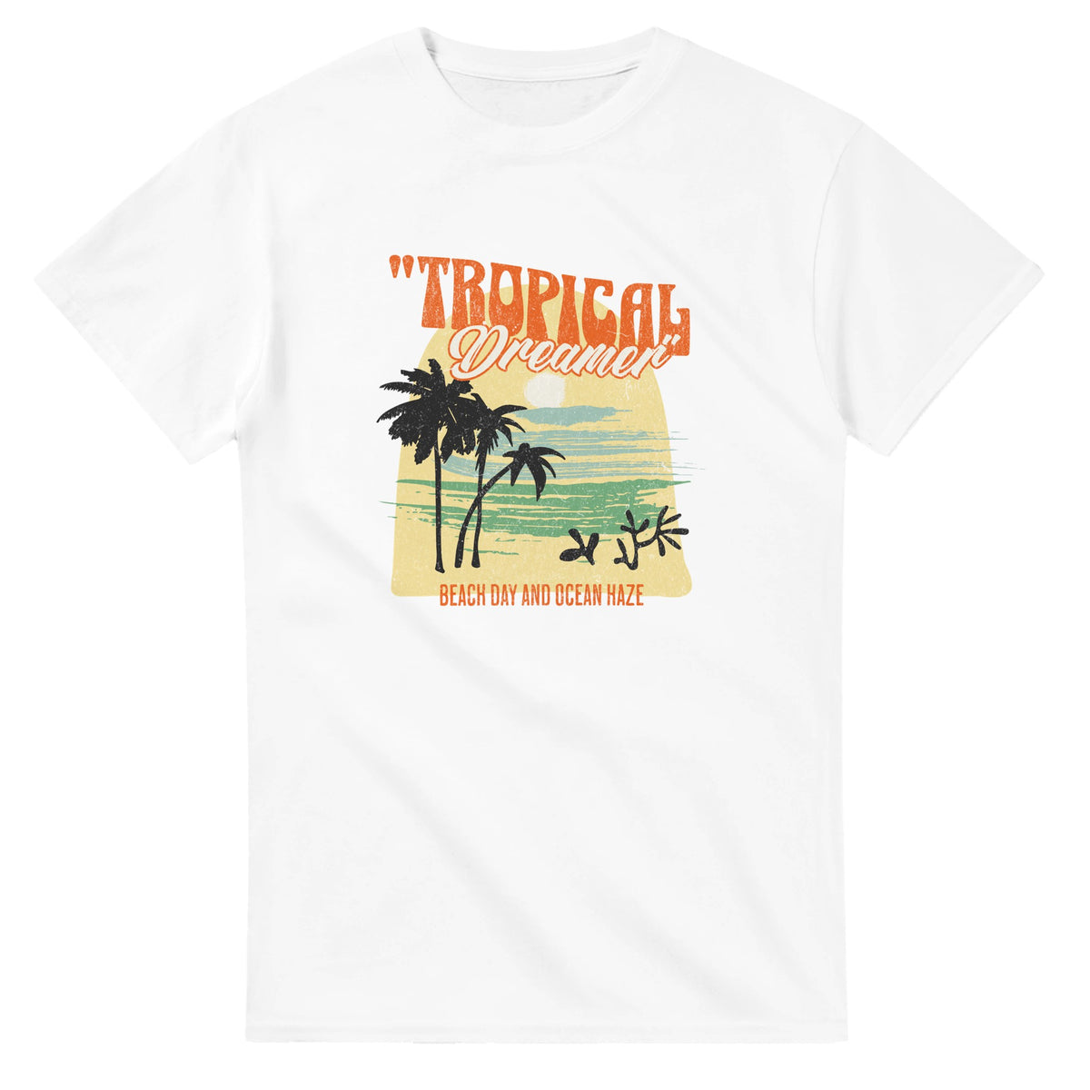 Tropical Dreamer women's graphic tee on white soft cotton blend with palm trees, beach sunset motif.