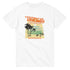 Tropical Dreamer women's graphic tee on white soft cotton blend with palm trees, beach sunset motif.