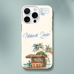 Island Livin' phone case featuring a watercolor tiki bar, palm trees, and vintage stamp on a cream background for iPhone 13-16.