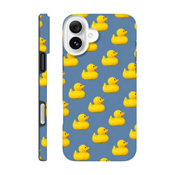 Blue iPhone case featuring a cute kawaii yellow rubber duck pattern for a tough, playful streetwear look.