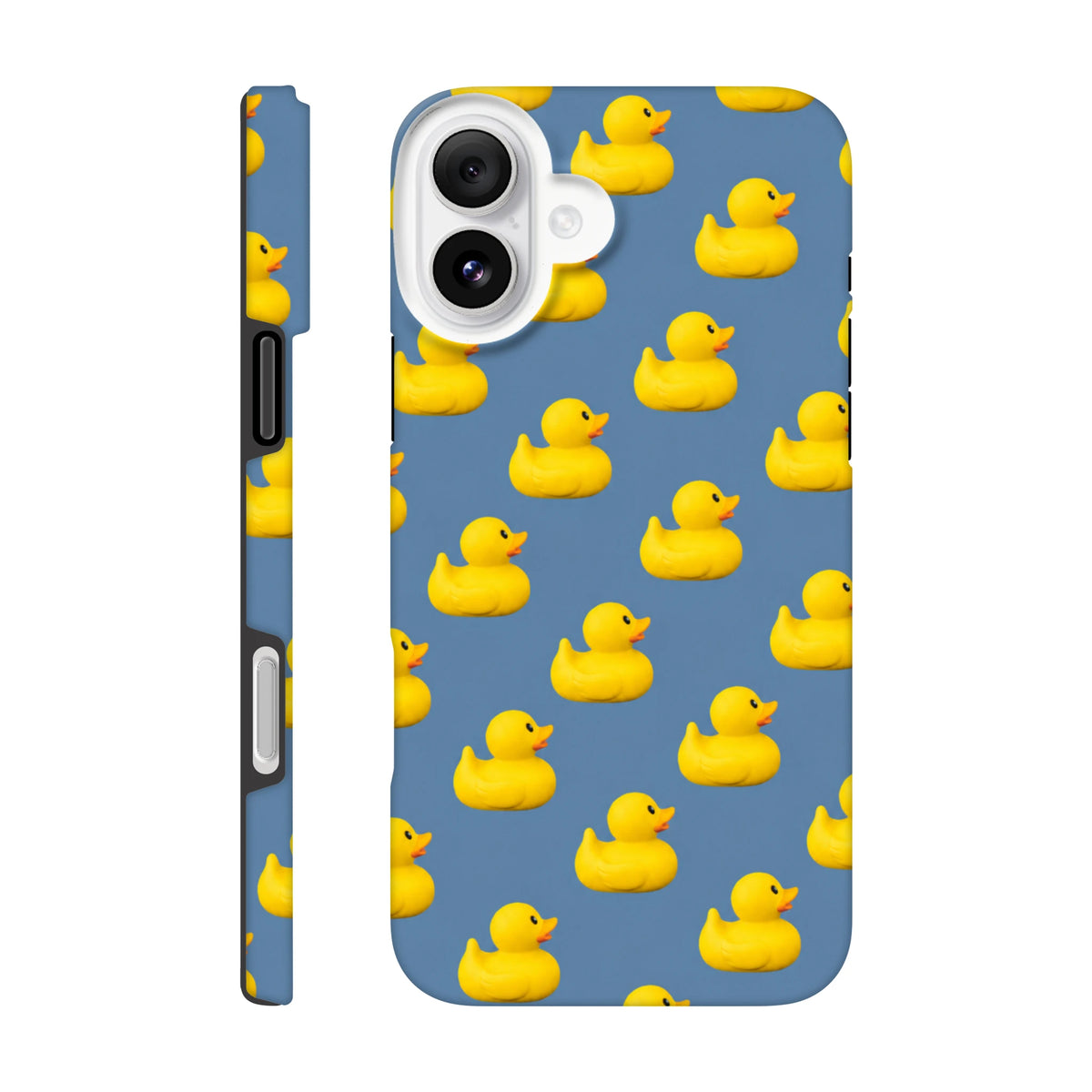 Blue iPhone case featuring a cute kawaii yellow rubber duck pattern for a tough, playful streetwear look.