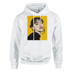 White pullover hoodie featuring retro brunette pop art woman graphic with yellow background and red lips.