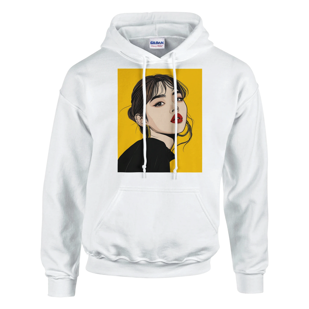 White pullover hoodie featuring retro brunette pop art woman graphic with yellow background and red lips.