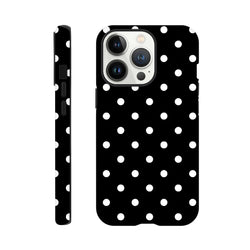 Black and white polka dot tough iPhone case featuring a glossy print, durable dual-layer frame, and shock-absorbing TPU core for impact resistance.