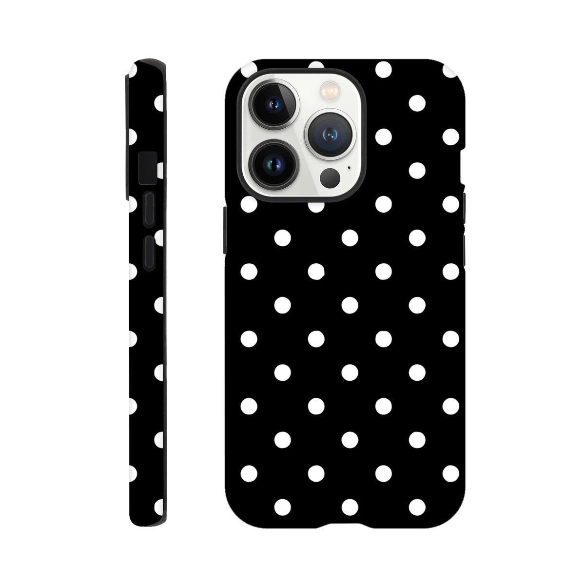 Black and white polka dot tough iPhone case featuring a glossy print, durable dual-layer frame, and shock-absorbing TPU core for impact resistance.