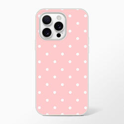 Pastel pink and white polka dot iPhone case with retro vibe, featuring matte finish and shock-absorbing TPU protection.
