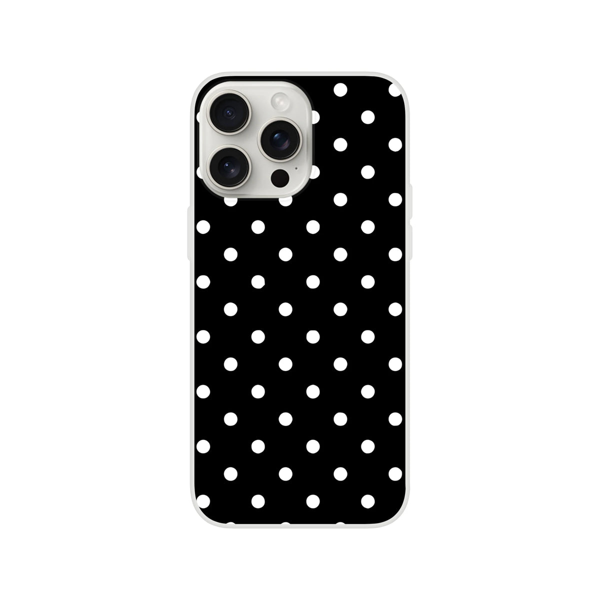 Retro black and white polka dot iPhone case with slim matte TPU shell for drop protection and wireless charging on iPhone 13-16.