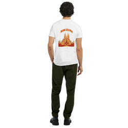 White Barcelona Spain graphic T-shirt with Sagrada Familia skyline artwork on back.