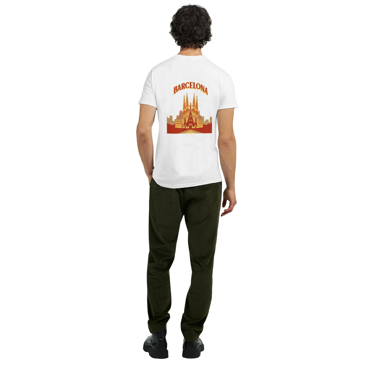 White Barcelona Spain graphic T-shirt with Sagrada Familia skyline artwork on back.