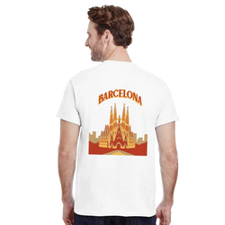 Barcelona Sagrada Familia travel tee design on back of white T-shirt.