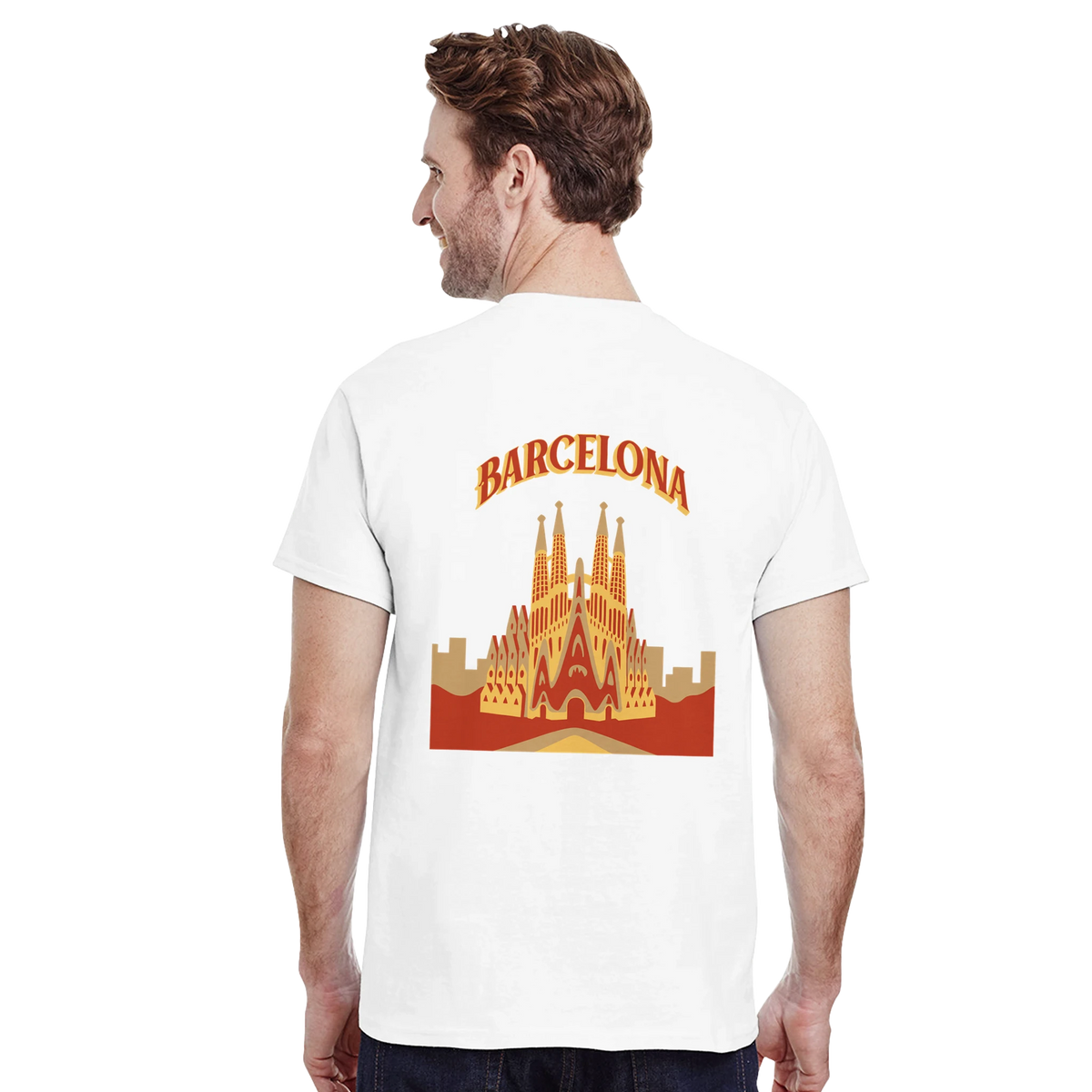 Barcelona Sagrada Familia travel tee design on back of white T-shirt.