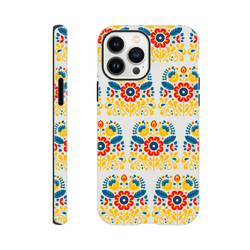 Floral tough dual-layer phone case with wraparound print for iPhone 16 15 14 13, glossy protective cover.