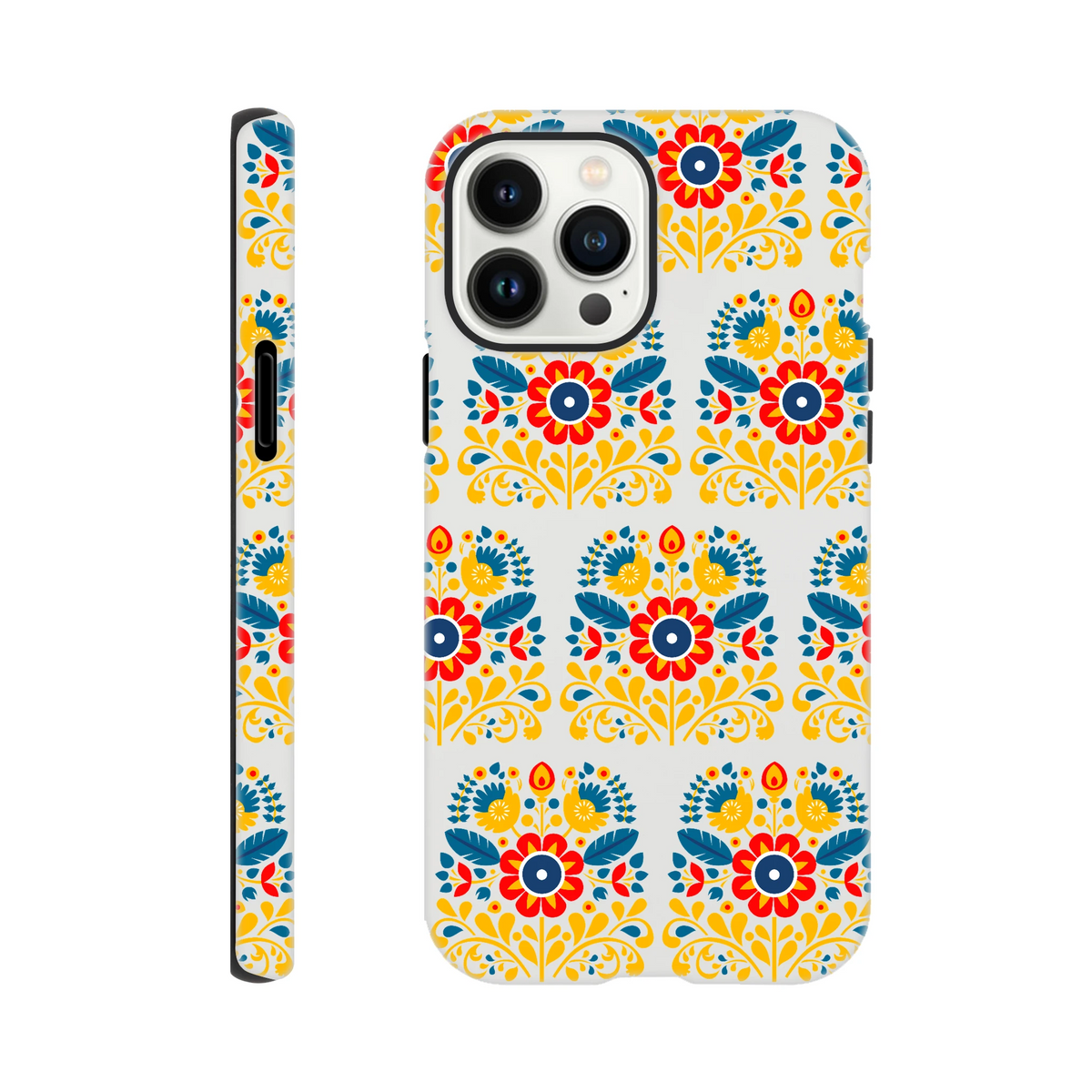 Floral tough dual-layer phone case with wraparound print for iPhone 16 15 14 13, glossy protective cover.