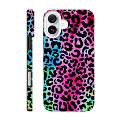 Vibrant rainbow leopard print tough iPhone case offering drop protection and bold animal print street style for iPhone 13-16 models.