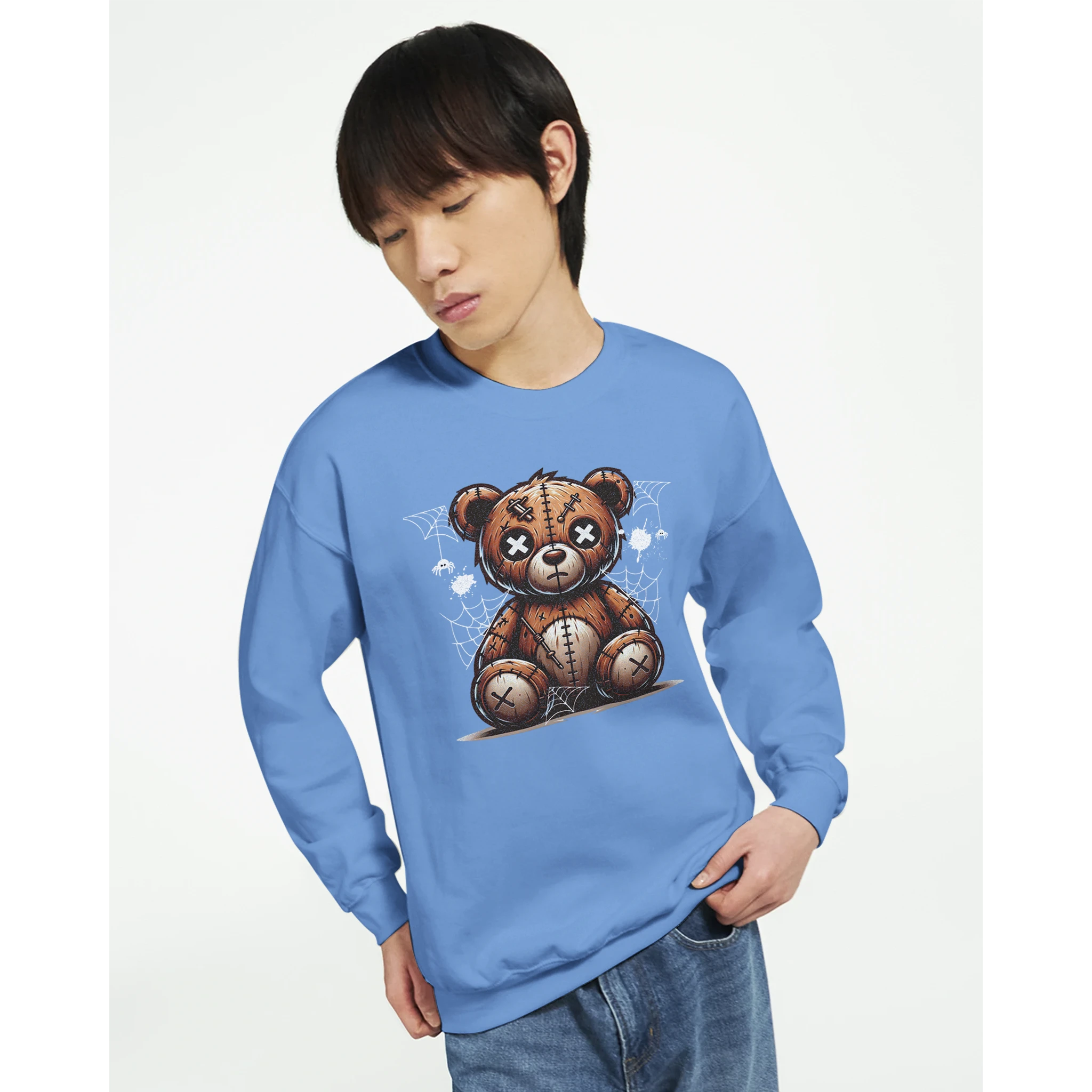 Blue Stressed Teddy Bear men's graphic sweatshirt with stitched bear and spiderweb backdrop, 50/50 cotton-poly