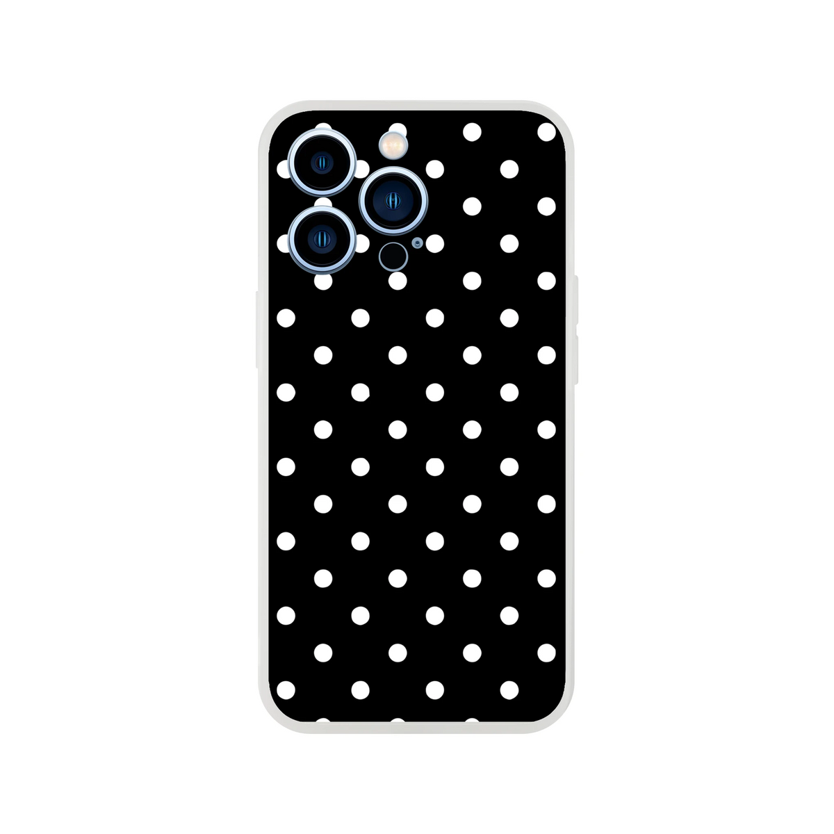 Retro black and white polka dot iPhone case with slim matte TPU shell for drop protection and wireless charging on compatible models.