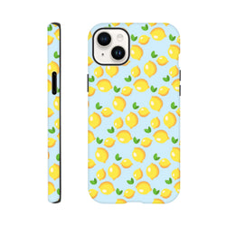 Cute lemon pattern phone case for iPhone 13-16. Fresh yellow fruit and green leaf design on light blue background with tough protection.