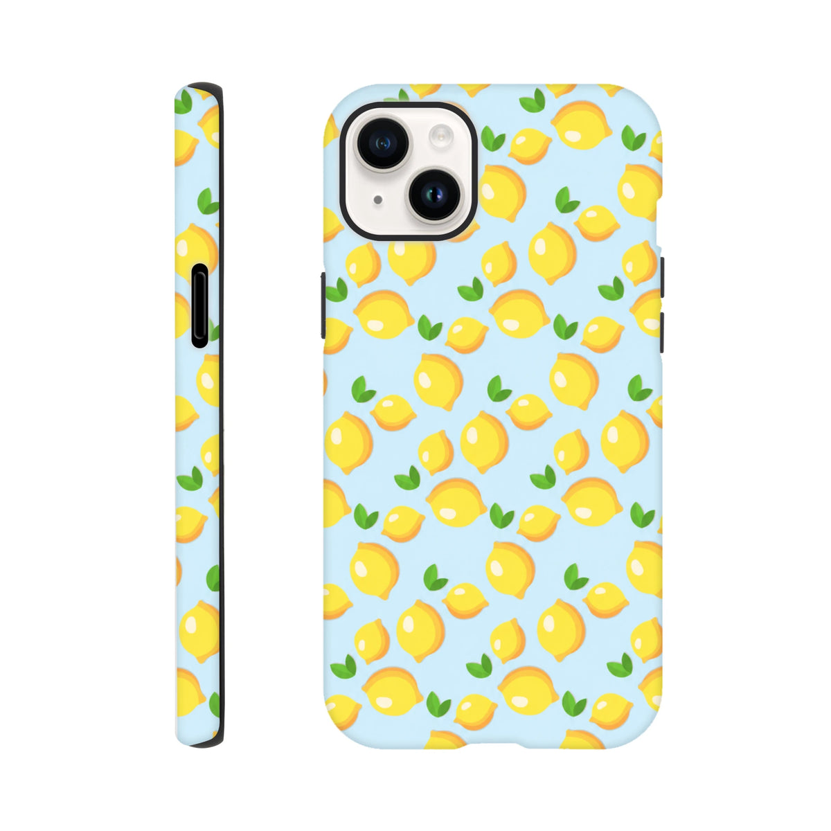 Cute lemon pattern phone case for iPhone 13-16. Fresh yellow fruit and green leaf design on light blue background with tough protection.