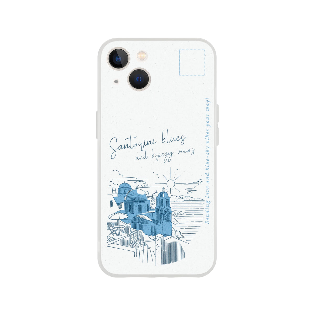 Vintage Postcard iPhone Case (13-16) Santorini Holiday with blue domed skyline design on white matte case